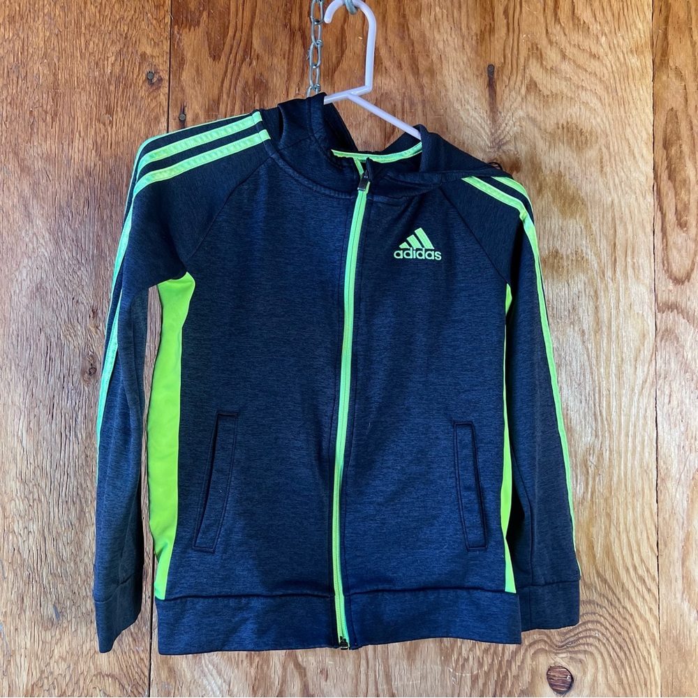 Adidas Full Zip Youth Hoodie Size M (10/12) Black/Lime Stripes